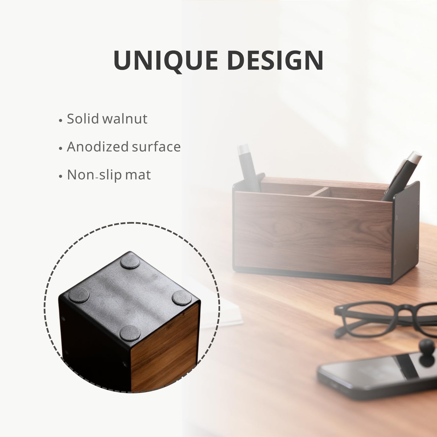 muso wood Wooden Pen Holder for Desk, Artisan Walnut & Aluminum Pencil Cup Organizer for Office & Home, Unique Modern Desktop Accessory (2 Slot)