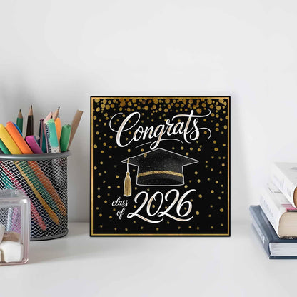 Gold Black Graduation Cap Wood Box Sign Desk Decor, Class of 2026 Academic Modern Decorative Wooden Block Box Sign Decorations for Home Office Shelf Table Decor 6x6 Inches