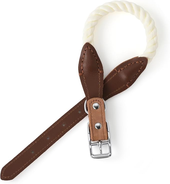 Mile High Life Genuine Leather Dog Collar, Durable Braided Cotton Rope Collar with Metal Pin Buckle for Small Medium Large Dogs (Cream, M Neck 15"-18")