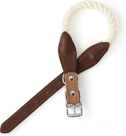 Mile High Life Genuine Leather Dog Collar, Durable Braided Cotton Rope Collar with Metal Pin Buckle for Small Medium Large Dogs (Cream, S Neck 11"-15")