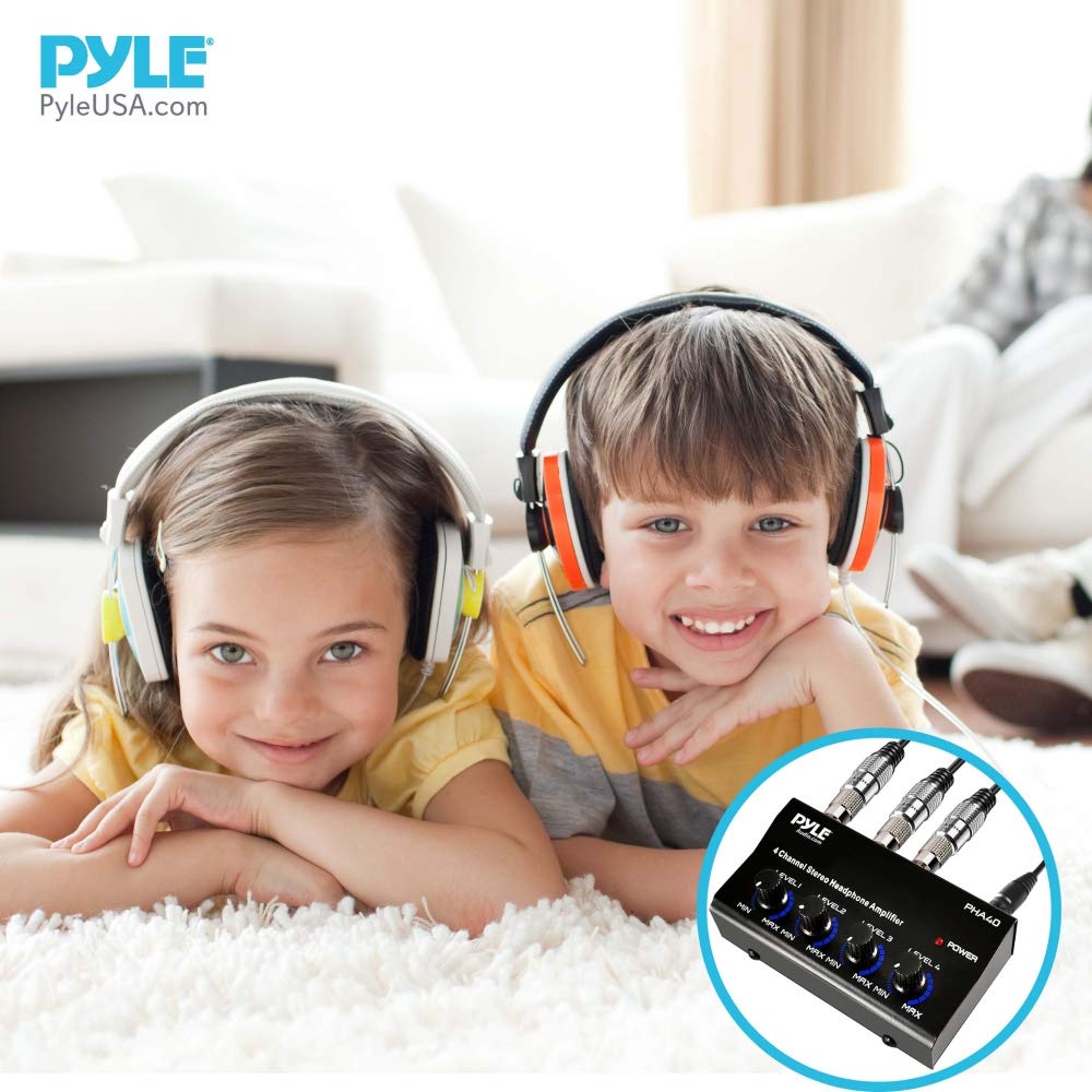 4-Channel Portable Stereo Headphone Amplifier - Professional Multi Channel Mini Earphone Splitter Amp w/ 4 ¼” Balanced TRS Headphones Output Jack and 1/4" TRS Audio Input For Sound Mixer - Pyle PHA40 BLACK
