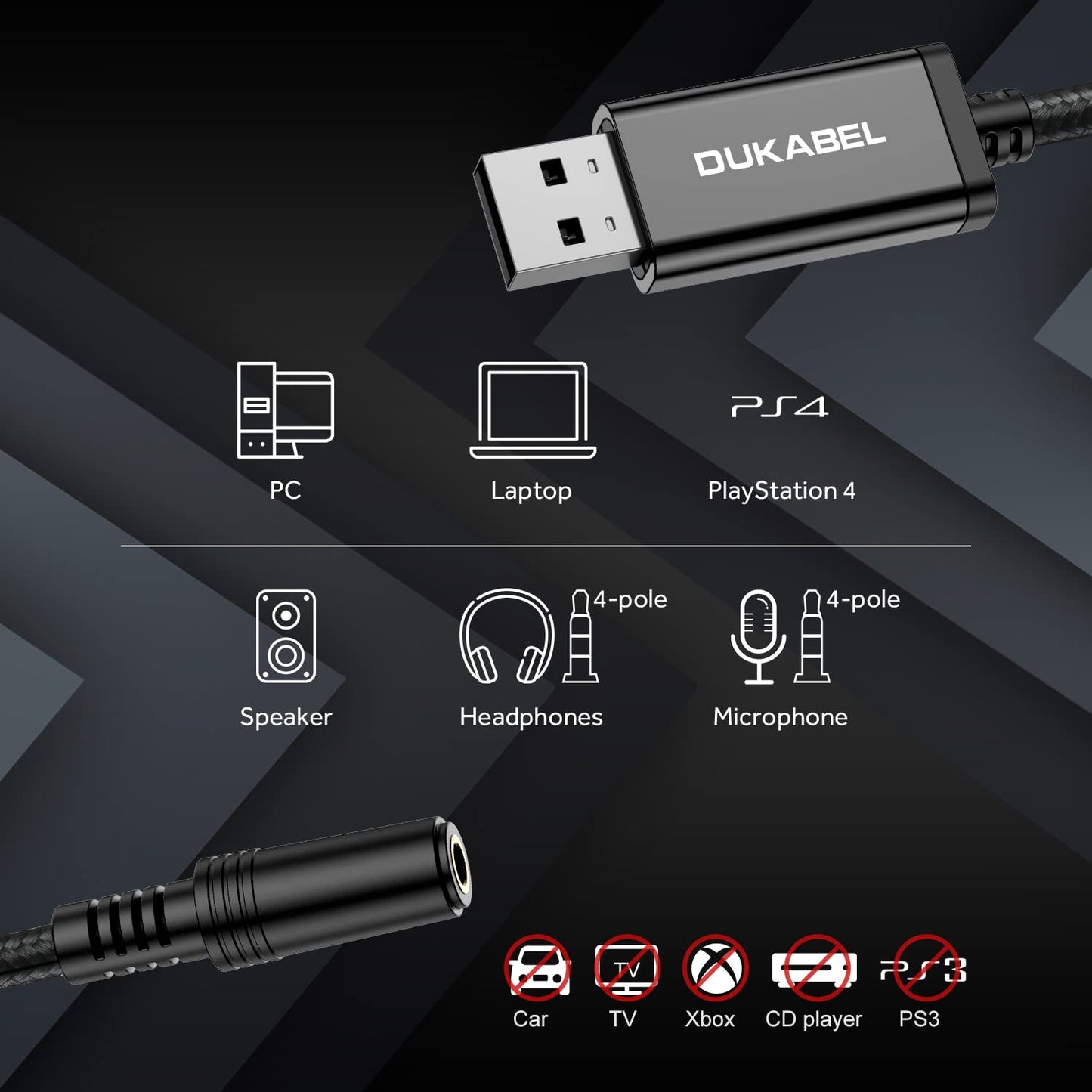 DUKABEL USB Headphone Adapter, External Sound Card with TRRS 4 Pole Jack, Mic-Supported USB to 3.5mm Audio Apdater for PC PS4 PS5 and More [9.8 inch]