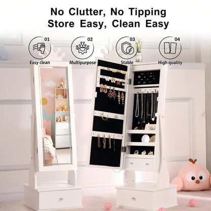 Garvee Kids Jewelry Armoire with Full Length Mirror, LED Lights, Adjustable Angle, Lockable Jewelry Cabinet for Girls, Standing Organizer, Gift for Girls
