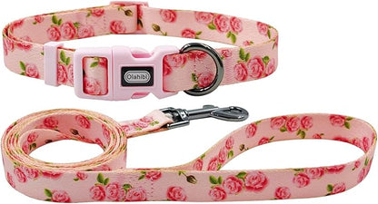 Dog Collar Leash Set, Floral Pattern, Polyester Material, Adjustable Collar and 5ft Matching Leash, for Medium Dogs.(M, Pink Rose)