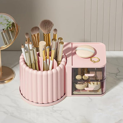 360 Rotating Makeup Organizer Countertop with 2 Drawers, Makeup Brush Holder, Small Preppy Organizer, 9.25x5.11 Inch, Pink