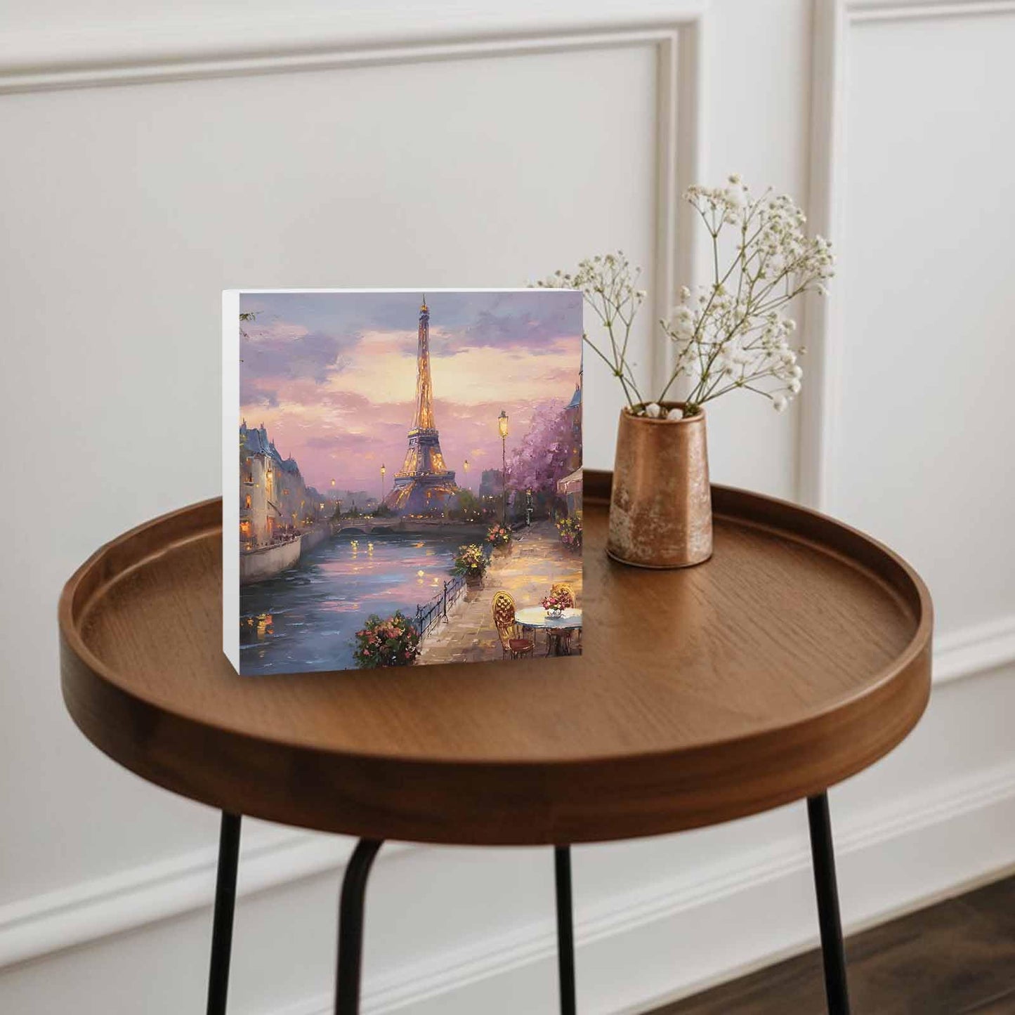 Eiffel Tower Wood Box Sign Desk Decor, Modern Purple Sunset Bridge River Night View Decorative Wooden Block Box Sign Decorations for Home Office Shelf Table Decor 6x6 Inches