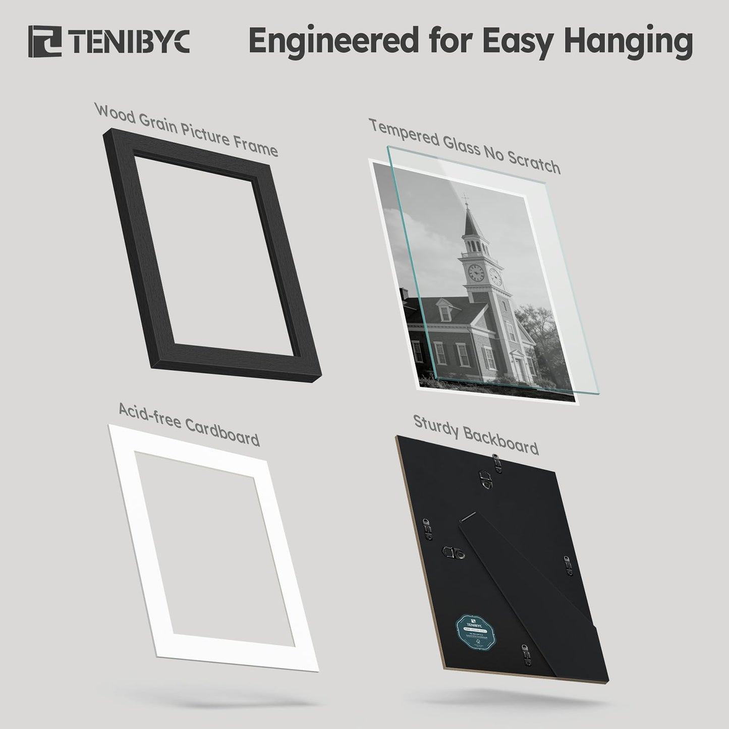TENIBYC 5x7 Picture Frame Set - 6 Pack, Black Solid Wood Photo Frames - Tempered Glass - Displays Photos 4x6 with Mat or 5 x 7 without - Room, Office, Gallery, and Hallway Decor - Wall Hanging