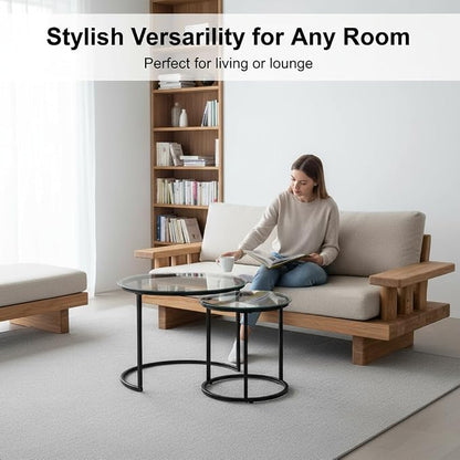 Round Nesting Coffee Table Set of 2, Modern Glass Nesting Tables, Stacking Minimalist End Table for Living Room Bedroom Small Space, Clear Tempered Glass and Black