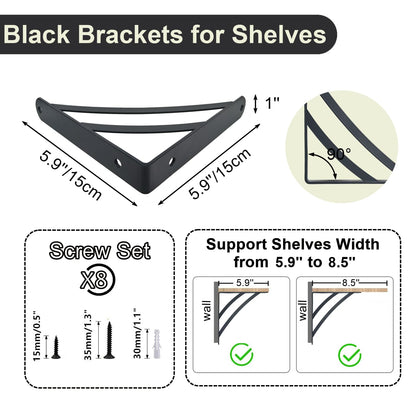 Z METNAL Decorative Shelf Brackets, Black Metal Shelves Bracket, Wall Decor, Modern Shelving Bracket for DIY Floating Shelves, 6 inch, 4 Pcs