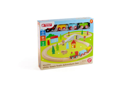 Jasey's Toy Chest 33-Piece Wooden Little Town Train Adventure Set | Interlocking Tracks, Bridge, & Town Accessories | Compatible with Other Wooden Train Sets | for Toddlers Ages 3+