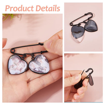 SUPERFINDINGS 5 Set Wedding Bouquet Photo Charm Black Bridal Brooches Pins DIY Pin Brooch Making Kit Alloy Double Heart Style Pendant Memorial Photo Charm for Women Wedding Memory Bridal Jewelry Gift