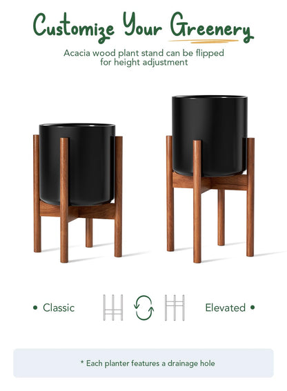 LE TAUCI 12 Inch Planter with Acacia Wood Stand, Large Ceramic Indoor Plant Pot with Drainage Hole & Plug, Mid Century Modern Plant Holder for Fiddle Leaf Fig, Monstera, Snake Plant, Black