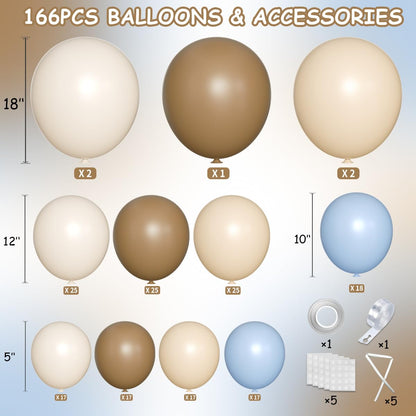 MEBAY Dusty Blue Brown White Balloon Arch Kit, 166Pcs Boho Dark Brown Pastel Blue Sand White and Nude Balloons Garland for Baby Shower Gender Reveal Birthday Party Decoration