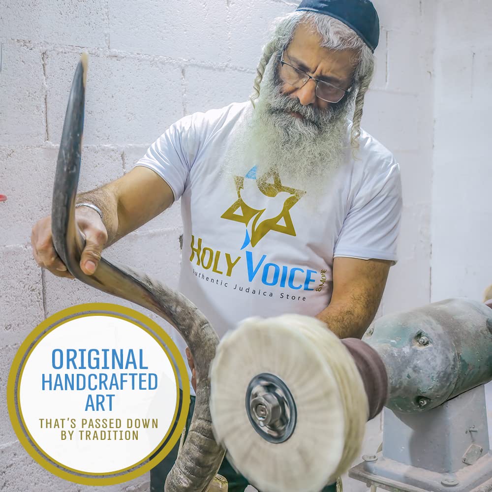 Holy Voice Sterling Silver-Plated 43"-47" Decorative Jerusalem Shofar Horn from Israel Judaica Gift Set with Stand, Carrying Bag, Brush, Made in Israel