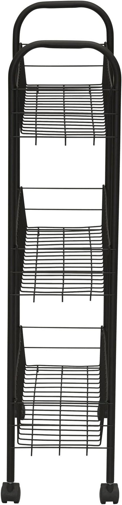 Household Essentials Matte Black Slim, 3 Shelf Storage Cart with Wheels