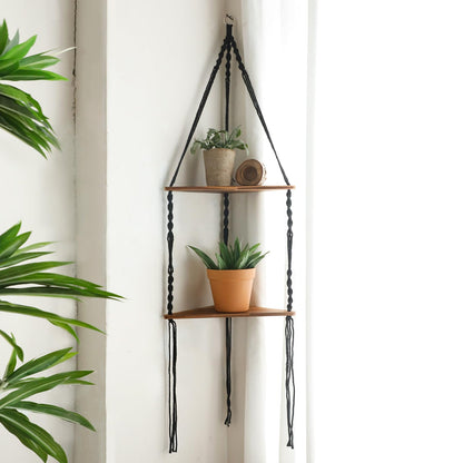 Artilady Macrame Corner Shelf Wall Hanging - 2 Tier Black Corner Floating Shelves Boho Wall Decor, Rustic Wooden Plant Shelf Storage Rack for Bedroom Living Room Bathroom