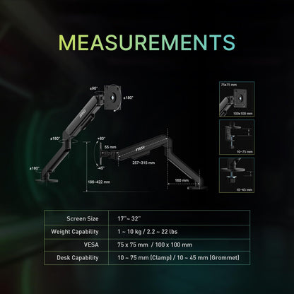 MSI MAG MT101DG - Gas Spring Dual Monitor Stand Arm, Supports 17-32" and 22 lbs, VESA Compatible, Adjustable Gas Spring Mount, Clamp & Grommet, Quick Release Plate – Black