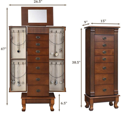 OFFICEJOY Jewelry Armoire Cabinet, Wooden Standing Jewelry Box w/ 7 Drawer, 2 Side Door, Flip Top Mirror, 12 Necklace Hook, Tall Jewelry Storage Chest for Women