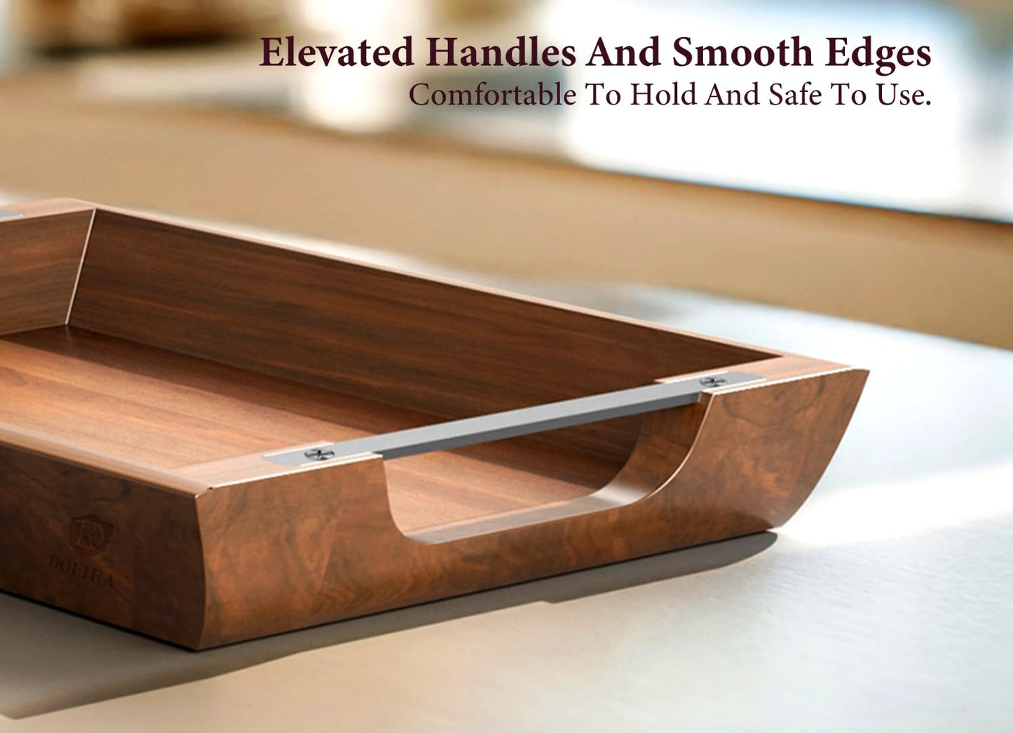 Dofira Acacia Wood Serving Tray with Metal Handles, 15x10 Inch Decorative Tray for Coffee Table Ottoman - Rustic Wooden Breakfast & Drink Tray, Farmhouse Centerpiece