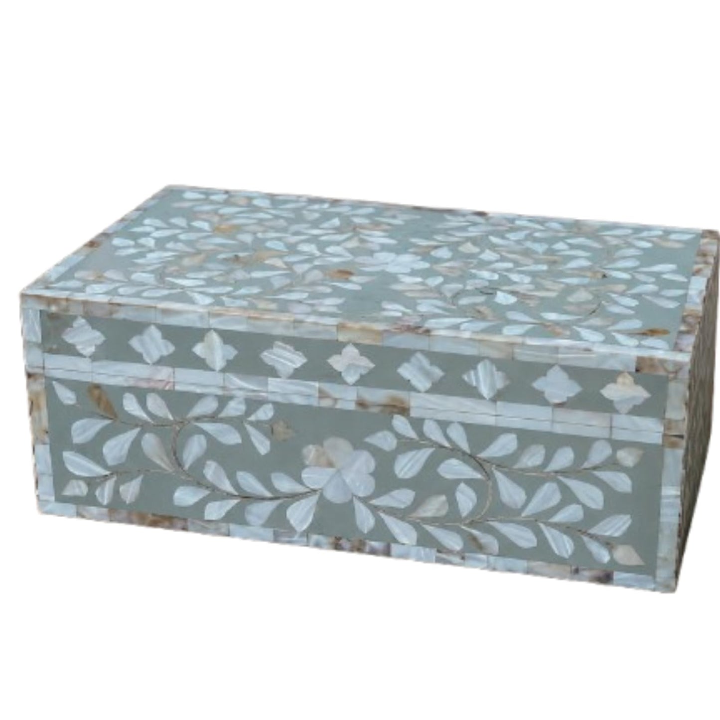 HANDMADE ENTARO Decorative Wooden Storage Box with Mother of Pearl Inlay – Elegant Floral Design – Perfect for Home Décor in Living Room, Dining Area, or Bedroom (Grey, 9x6x3.5 inch)