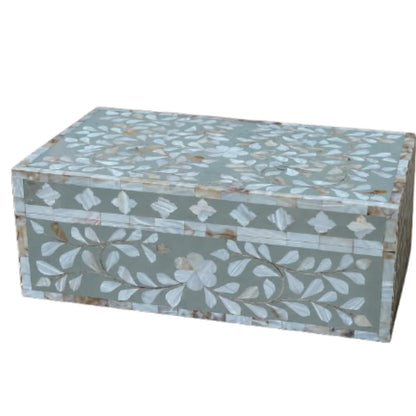 HANDMADE ENTARO Decorative Wooden Storage Box with Mother of Pearl Inlay – Elegant Floral Design – Perfect for Home Décor in Living Room, Dining Area, or Bedroom (Grey, 9x6x3.5 inch)