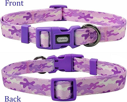 Dog Collar Leash Set, Camouflage Pattern, Polyester Material, Adjustable Collar and 5ft Matching Leash, for Medium Dogs.(M, Purple Camo)
