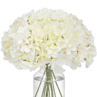 FLORRALIA Fake White Hydrangea Artificial Flowers - Faux Silk Hydrangeas Flowers Heads with Stems Real Touch for Home Wedding Party Table Decor(CreamWhite,Pack of 10)