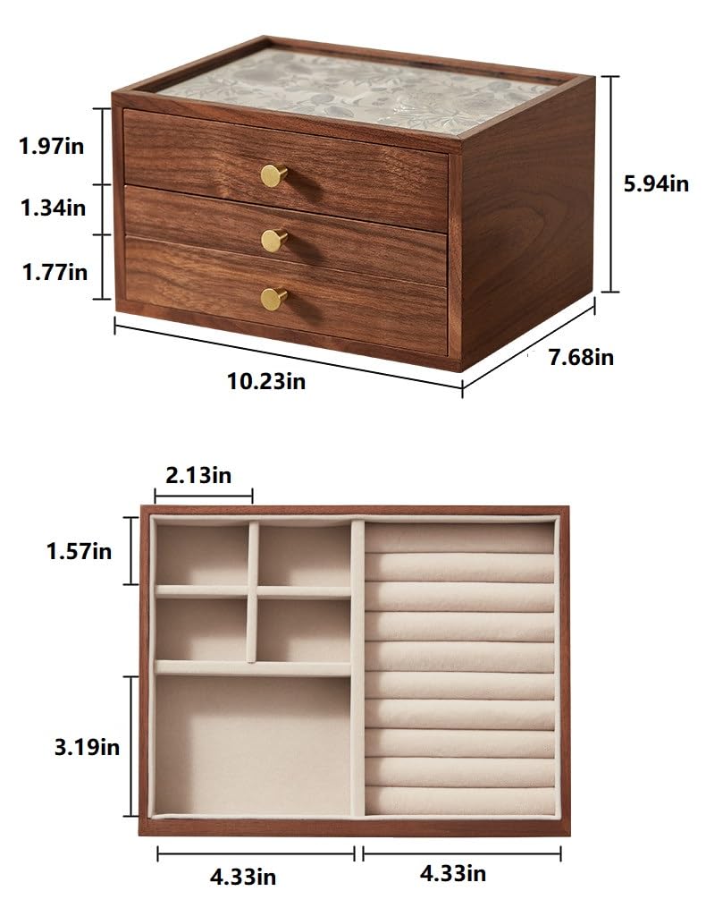 Homruilink Black Walnut Wooden Jewelry Box with Blue Floral Glass Lid for Women, large 3 Layer Drawer Organizer Box for Necklaces, Watch, Necklace, Ring, Earring Storage, Fathers Day Gift