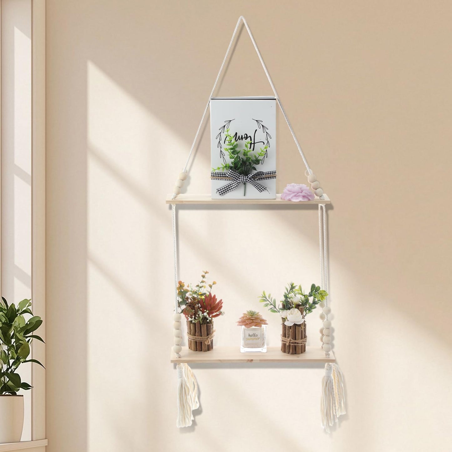 Chunful 2 Pack Macrame Wall Hanging Shelf 2-Tier Boho Wooden Display Floating Shelf Wooden Rustic Plant Rope Hanger Rack with Beads and Tassel for Wall Decor Bedroom Dorm Nursery Living Room Bathroom