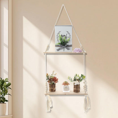 Chunful 2 Pack Macrame Wall Hanging Shelf 2-Tier Boho Wooden Display Floating Shelf Wooden Rustic Plant Rope Hanger Rack with Beads and Tassel for Wall Decor Bedroom Dorm Nursery Living Room Bathroom
