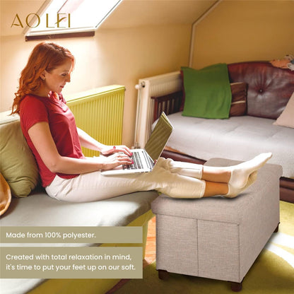 Ao Lei 30 Inches Storage Ottoman Bench, Storage Bench with Wooden Legs for Living Room Ottoman Foot Rest Removeable Lid for Bedroom End of Bed, Linen Fabric, Folding Beige Ottoman