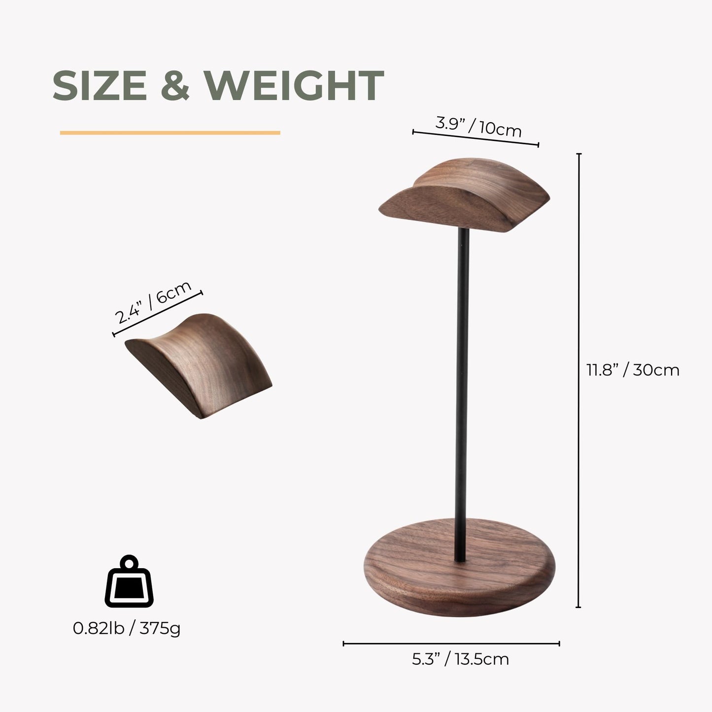 muso wood Walnut Wood & Aluminum Headset Stand, Desktop Headphone Stand, Headset Holder with Anti-slip Pad, Headphone Holder with Storage Base for Most Gaming Music Headsets