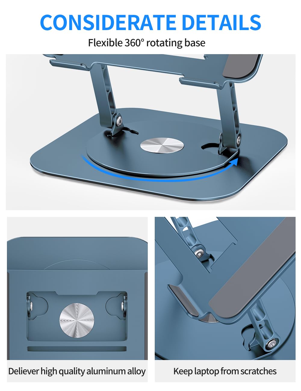 Adjustable Computer Stand with 360 Rotating Base, Ergonimic Foldable Laptop Riser for Desk Compatible with MacBook Pro/Air Notebook up to 16 Inches, Silver