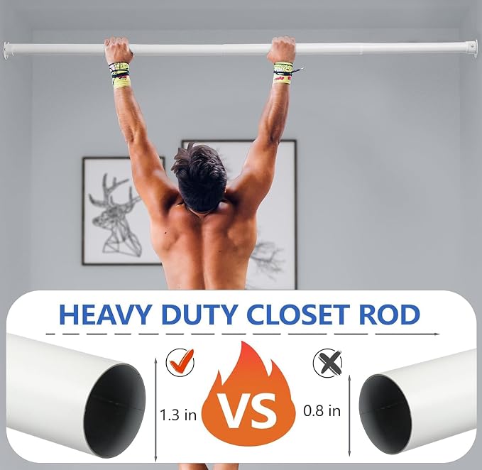 SUTINE Closet Rod, 17 to 97Inch Closet Rods for Hanging Clothes, Heavy Duty Adjustable Closet Hanging Rod Bar White Closet Poles for Wardrobes, Closet, Bathroom, Windows,1.3 Inch Diameter