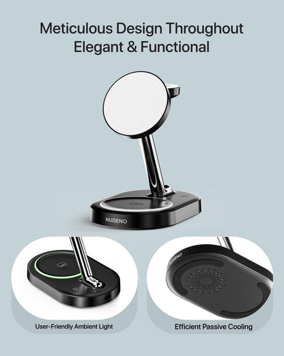 Nubeno Multiple Charging Station for Magsafe Apple Devices, Wireless Charger Station for MagSafe iPhones, 3 in 1 Magnetic Charger Stand for iPhone 17/16/15/14/13/12, Apple Watch & AirPods(Blk)
