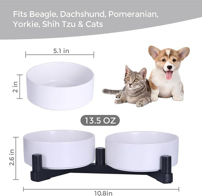 Elevated Ceramic Dog Bowls for Small Dogs, Raised Dog Bowl Set with Adjustable Wood Stand, Non-Slip Pet Feeding Station, Food & Water Bowls for Cats & Small Dogs 13.5oz (White)