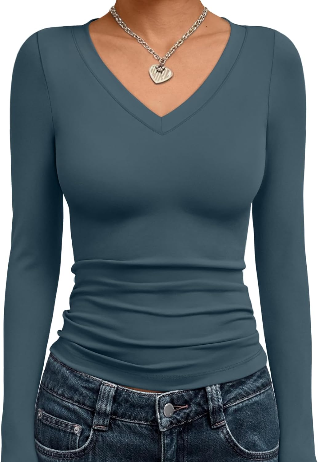 Trendy Queen Long Sleeve Shirts for Women 2025 Fall Fashion V Neck Basics Crop Tops Slim Fitted Y2K Tops Outfits Clothes