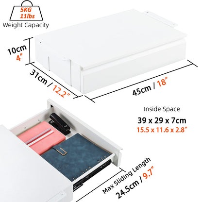 OSteed Under Desk Drawer 18", Pull-out Storage Organizer with Large Slide Extension Mounted Under Flat Wooden Table or Workbench, White_Normal Version