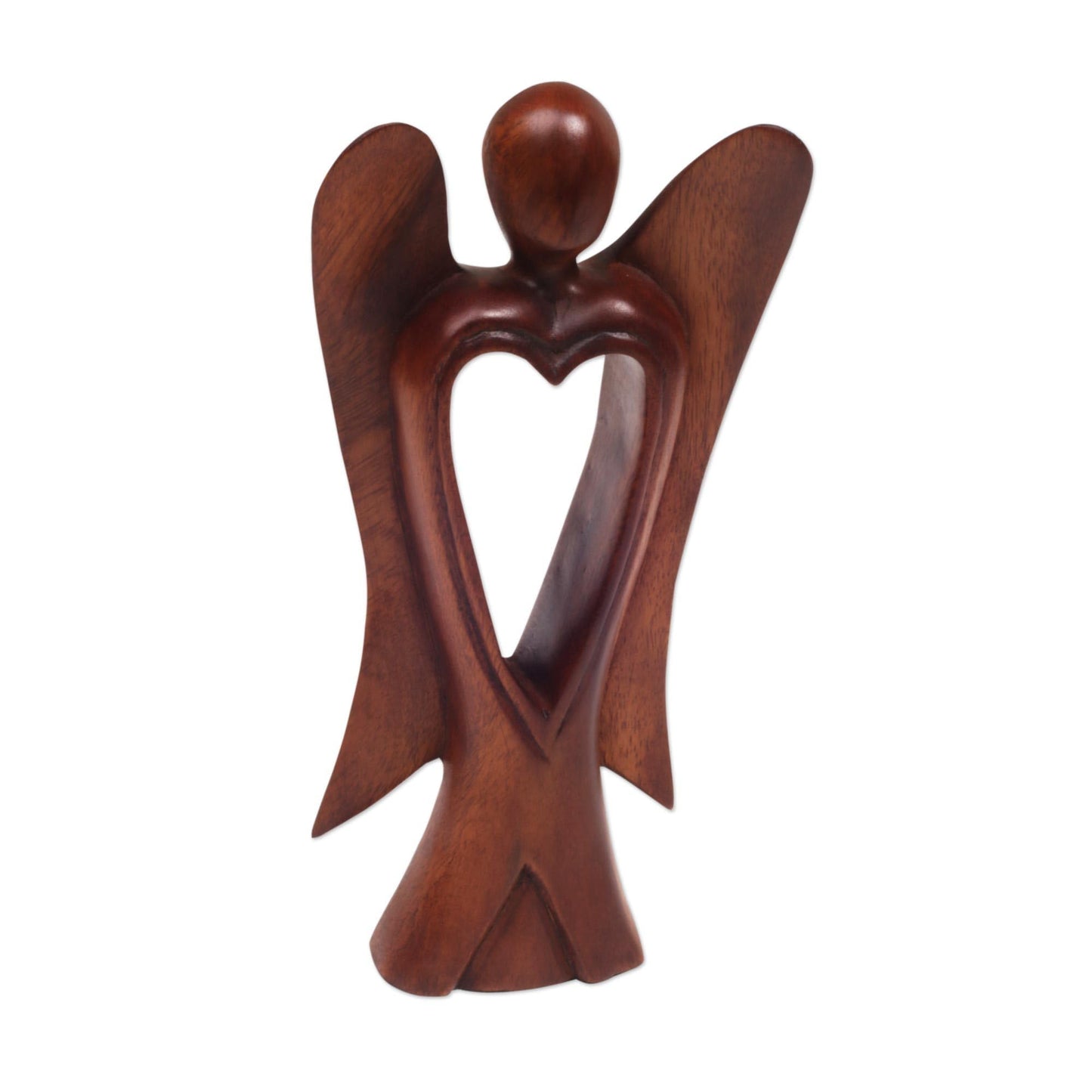 NOVICA Artisan Handmade Wood Figurine of Angel with Heart Feature Brown Indonesia Sculpture Christmas [9.75in H x 5in W x 1.8in D] 'Heart of an Angel'