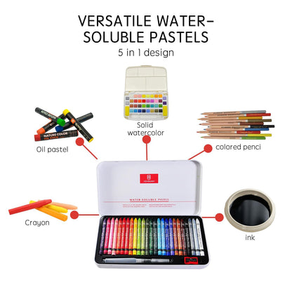 25 Colors Water-Soluble Pastel Crayons Set, Multi-Technique Art Kit with Brush & Palette, Versatile for Watercolor, Oil Pastel & Ink Effects, Easy Blending for Beginners, Sketching & Creative Drawing