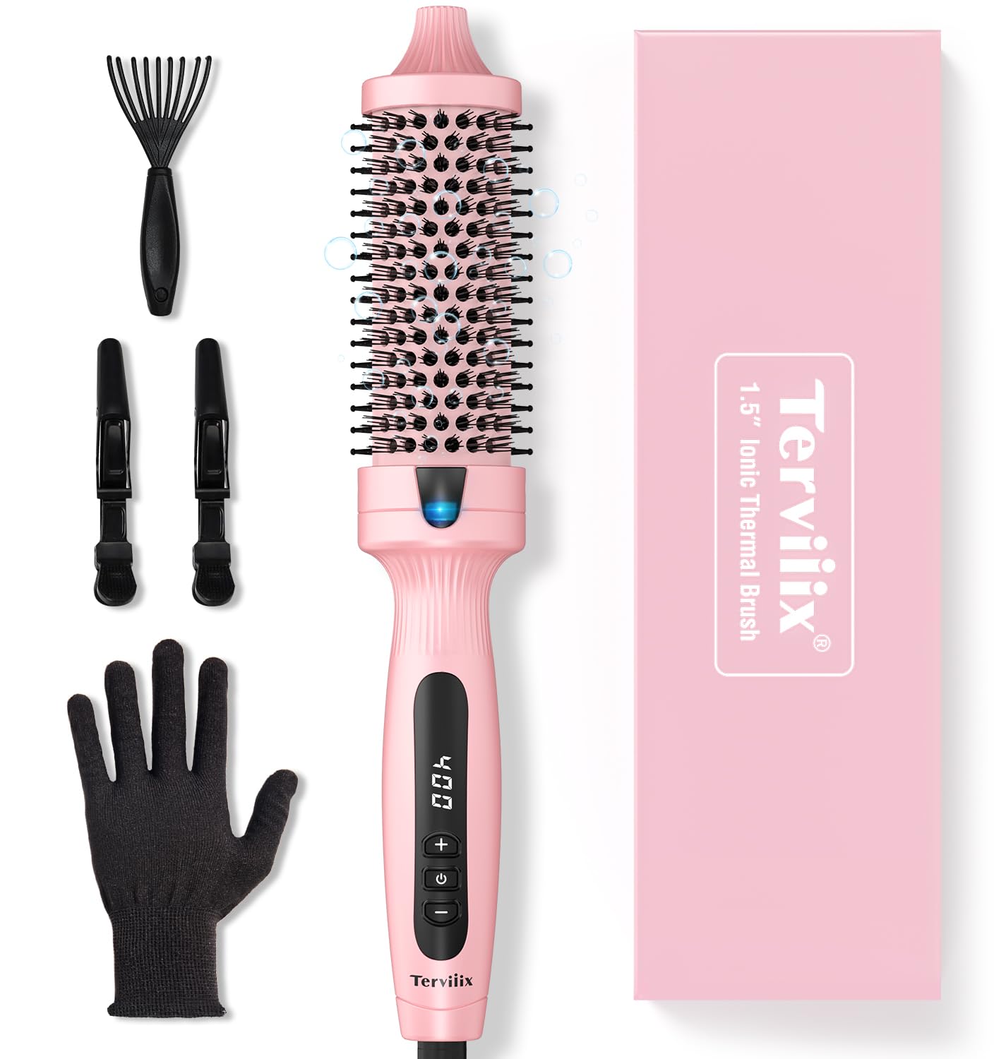 Terviiix Thermal Brush Get Voluminous Style, Quick Heating Hot Brush, Ceramic Tourmaline Ionic Heated Curling Iron, Digital Display 9 Temperatures Curling Wand, Dual Voltage, 1.5 Inch