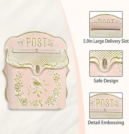 Mailbox Wall Mount Mailboxes for Outside Vintage Mail Boxes for House Outside Metal Drop Box Antique Style Nostalgic Charm Home Decorative, Bird Pattern, Pink