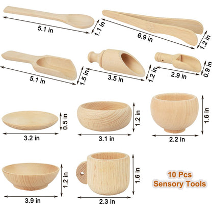 Yowlieu 10 Pcs Wooden Sensory Bin Tools for Toddlers & Preschool Children, Montessori Sensory Wooden Toys Fine Motor Learning Pretend Play Sensory Tools for Kids