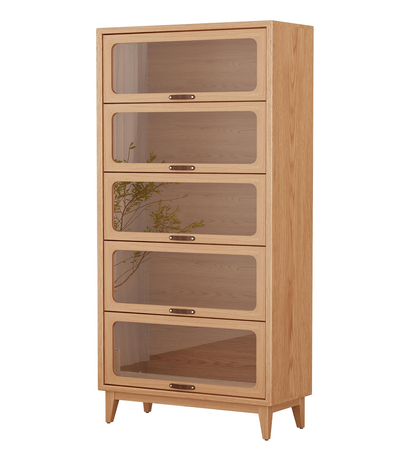 5 Tier Solid Wood Bookcase with Tempered Glass Doors Elegant Wooden Book Shelf with Doors 72H/32w/14 inch Log Khaki, Luxury Antique Bookcase Artwork Book Shelves/case for Home Office