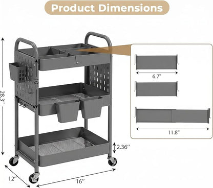 danpinera 3 Tier Rolling Cart with Retractable Dividers, Multi-Functional White Rolling Utility Cart with Pegboards, Hooks & Hanging Cups for Nursery, Living Room, Studio