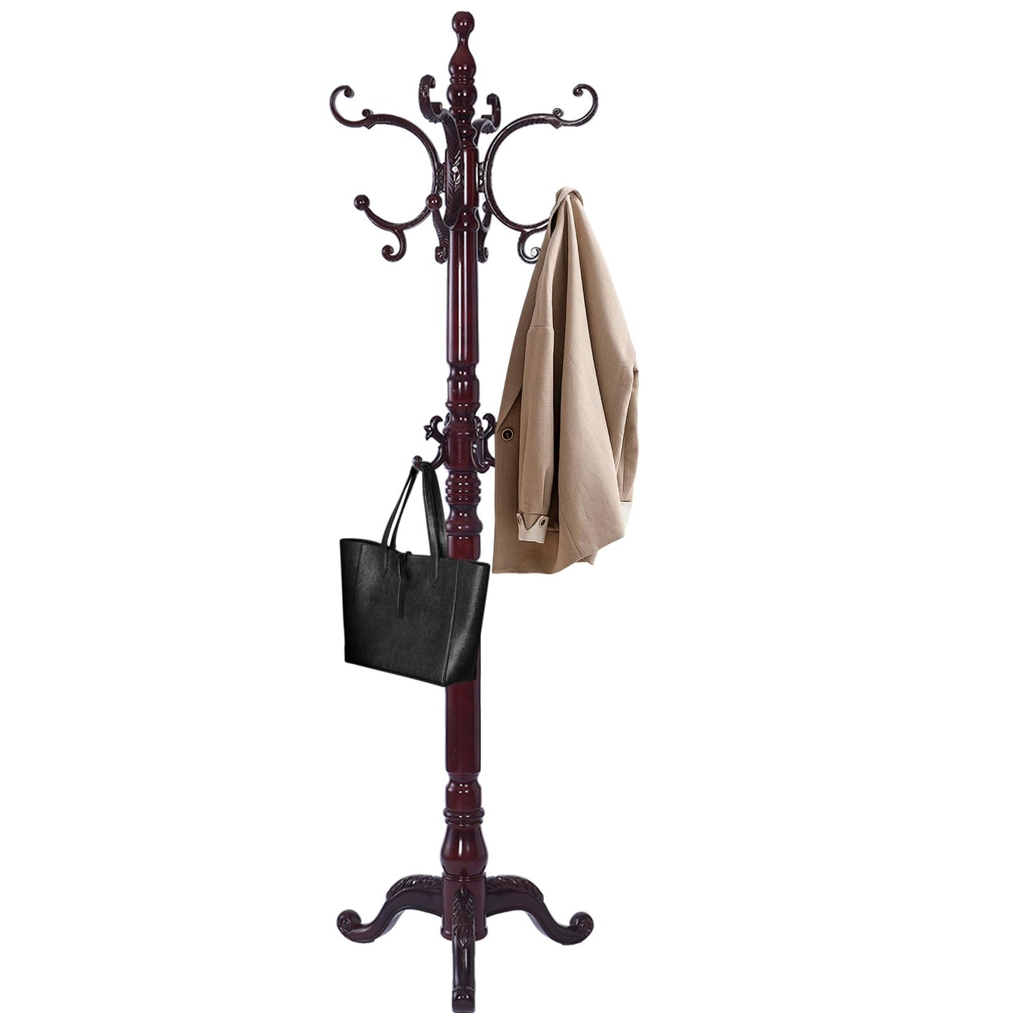 Hebtwebf Wooden Coat Racks, Retro 78" Coat Tree with 12 Hooks & Stable Triangular Base, Entryway Coat Rack Freestanding for Hat, Clothes, Scarves, Handbags, Umbrella (Mahogany)
