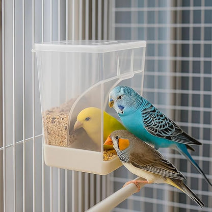 Old Tjikko No Mess Bird Feeder for Cage, Automatic Acrylic Seed Container with Large Hook, Install-Free Parrot Feeder for Budgerigar, Canary, Cockatiel, Parakeet, Finch