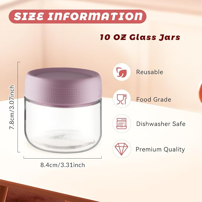 Wresty Empty Clear Glass jars with Airtight Lids Overnight Oats Containers Glass Food Storage Containers Glass Mason Jars For Yogurt Snacks Spice Sugar Jam And More (4 Pcs Mixcolor, 300ml/10oz)