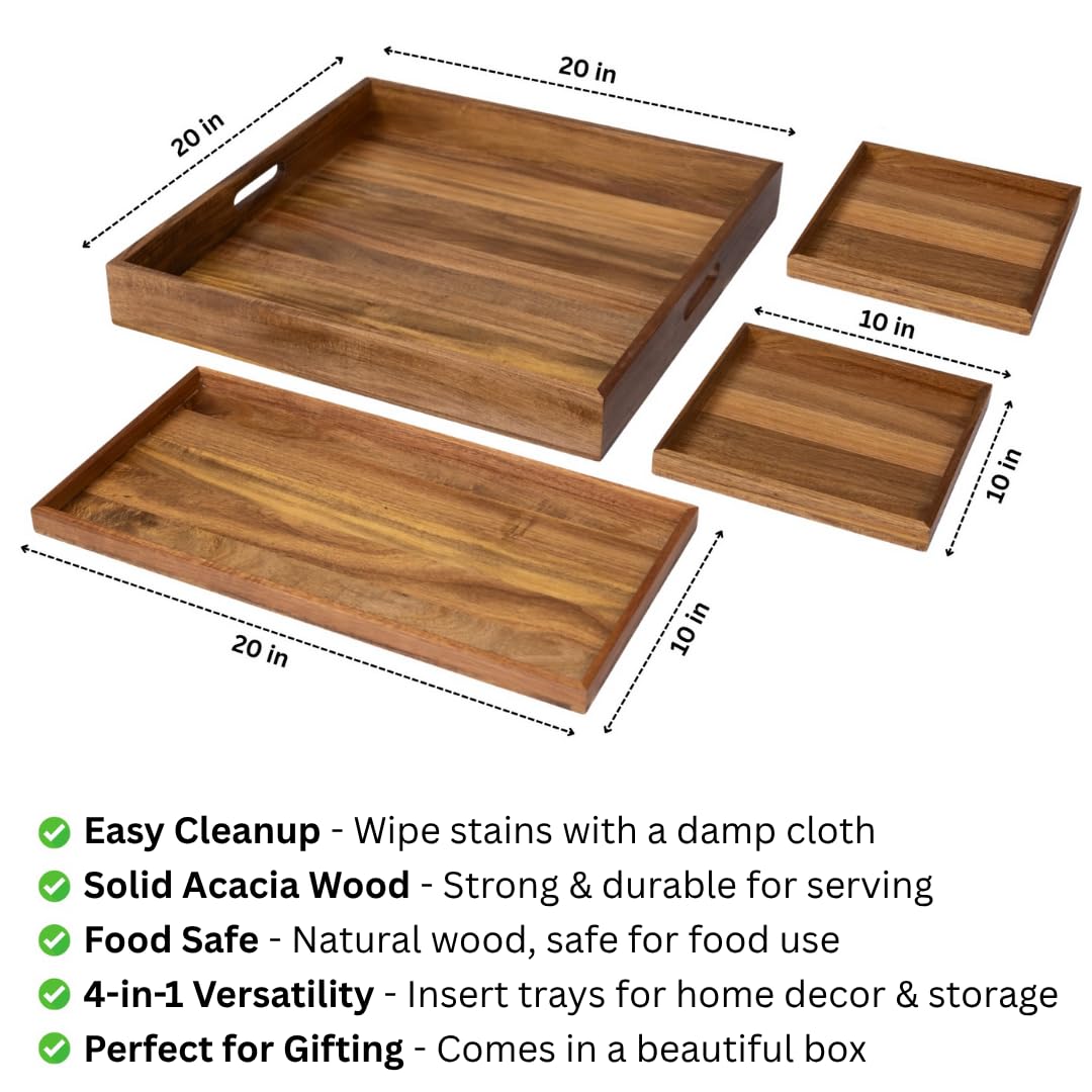 20 inch Large Square Ottoman Tray. 4 Trays in 1. Premium Acacia Wood Serving Tray for Living Room, Ottoman, Kitchen or as a Coffee Table Tray. Serving Tray for Breakfast in Bed, Appetizers or Parties