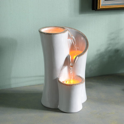 Haobos Indoor Water Fountain Imitation Ceramics Appearance Tabletop Fountain Relaxation Desktop Waterfall w/ 3 Reflective led, 9.8 Inch Tall Fountain (Grey)